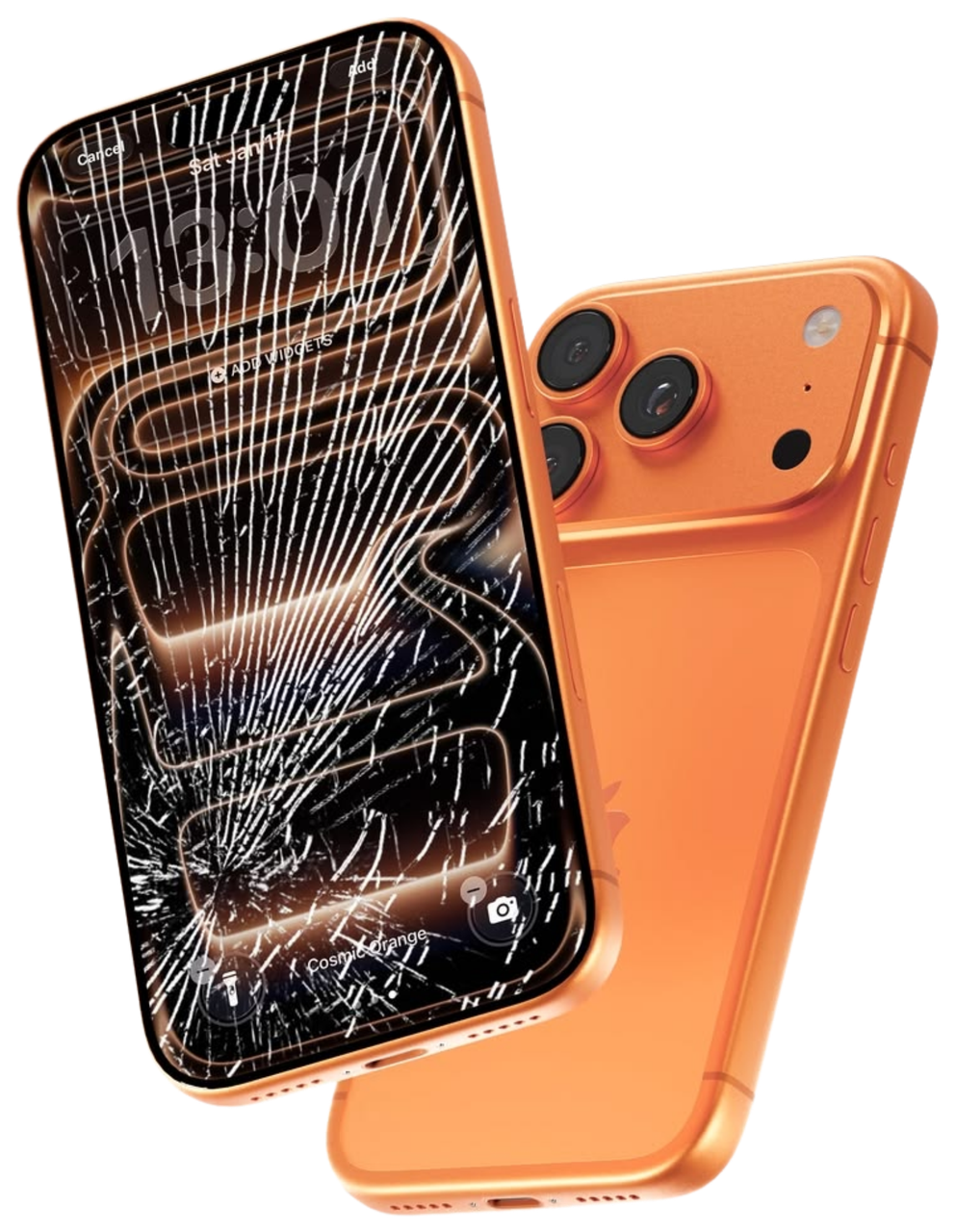 Оранжевий iPhone з розбитим екраном